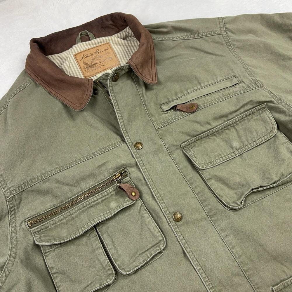 Eddie Bauer Jacket Mens L Green Military Cotton Canvas Lined Leather Collar